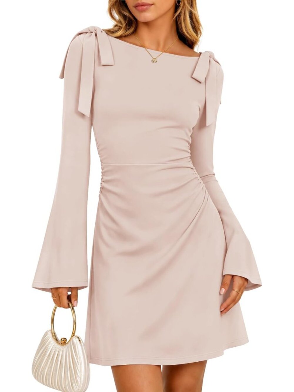 Elegant Fall Women's Bodycon Mini Dress with Ruching & Tie Shoulders